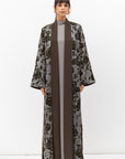 Winter Shawl Lapel Abaya in Flower Velvet Jacquard in Grey Green