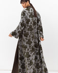 Winter Shawl Lapel Abaya in Flower Velvet Jacquard in Grey Green RTW