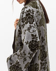 Winter Shawl Lapel Abaya in Flower Velvet Jacquard in Grey Green RTW