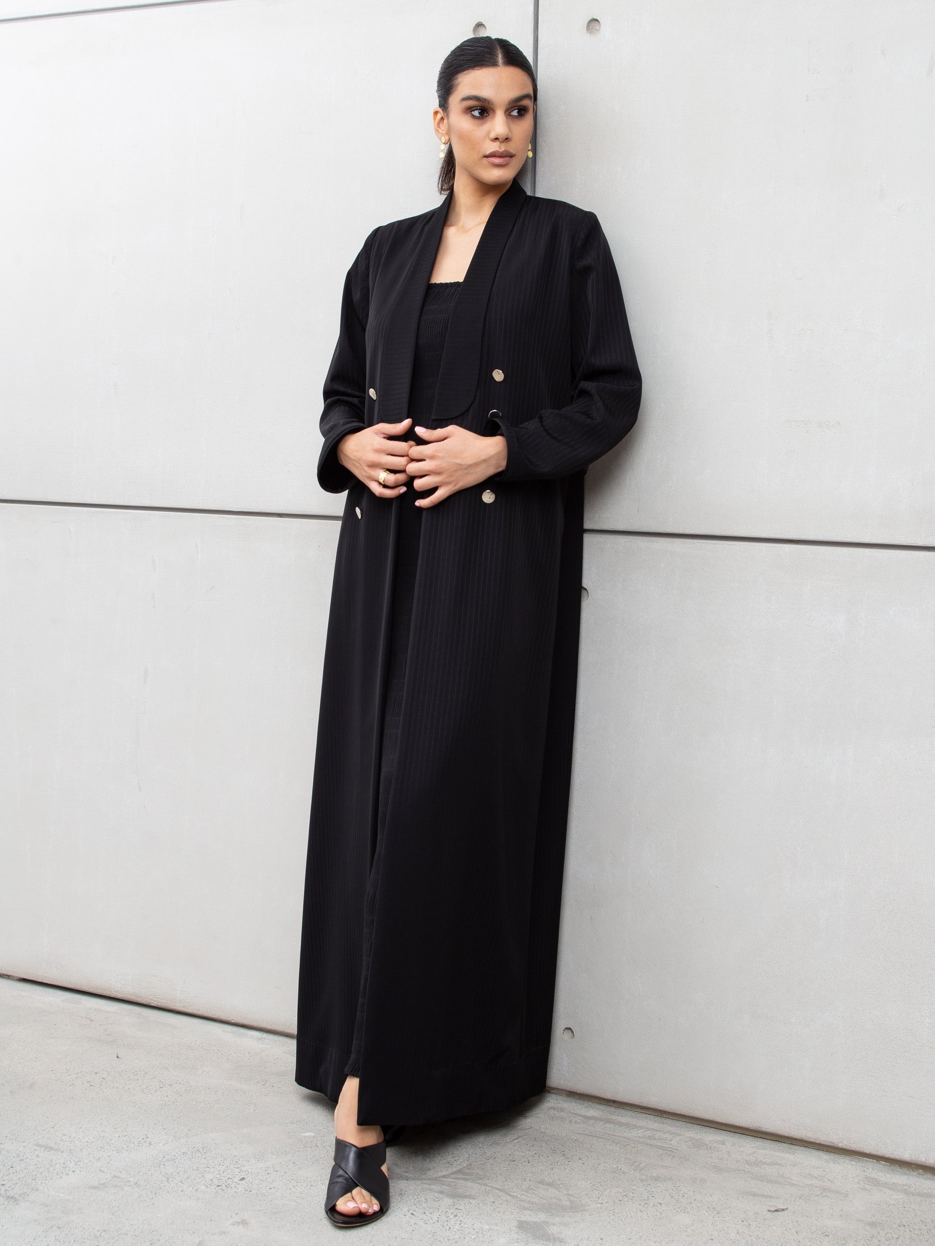 Sleek Jacket Open Abaya in Black Pinstripe