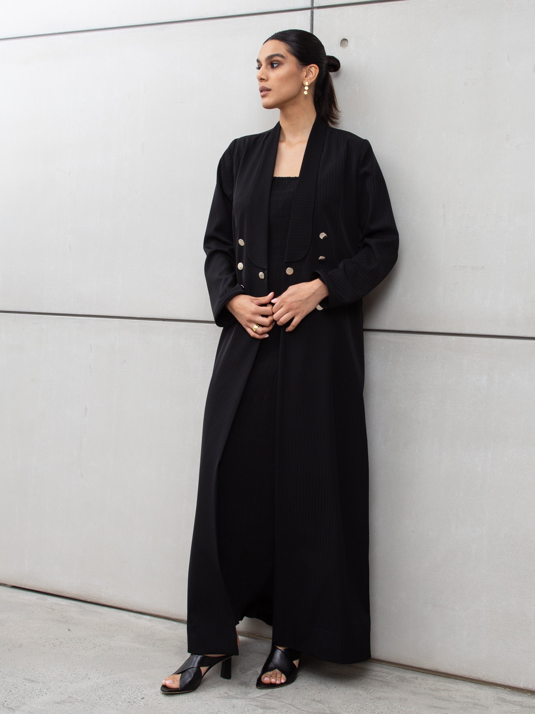 Sleek Jacket Open Abaya in Black Pinstripe