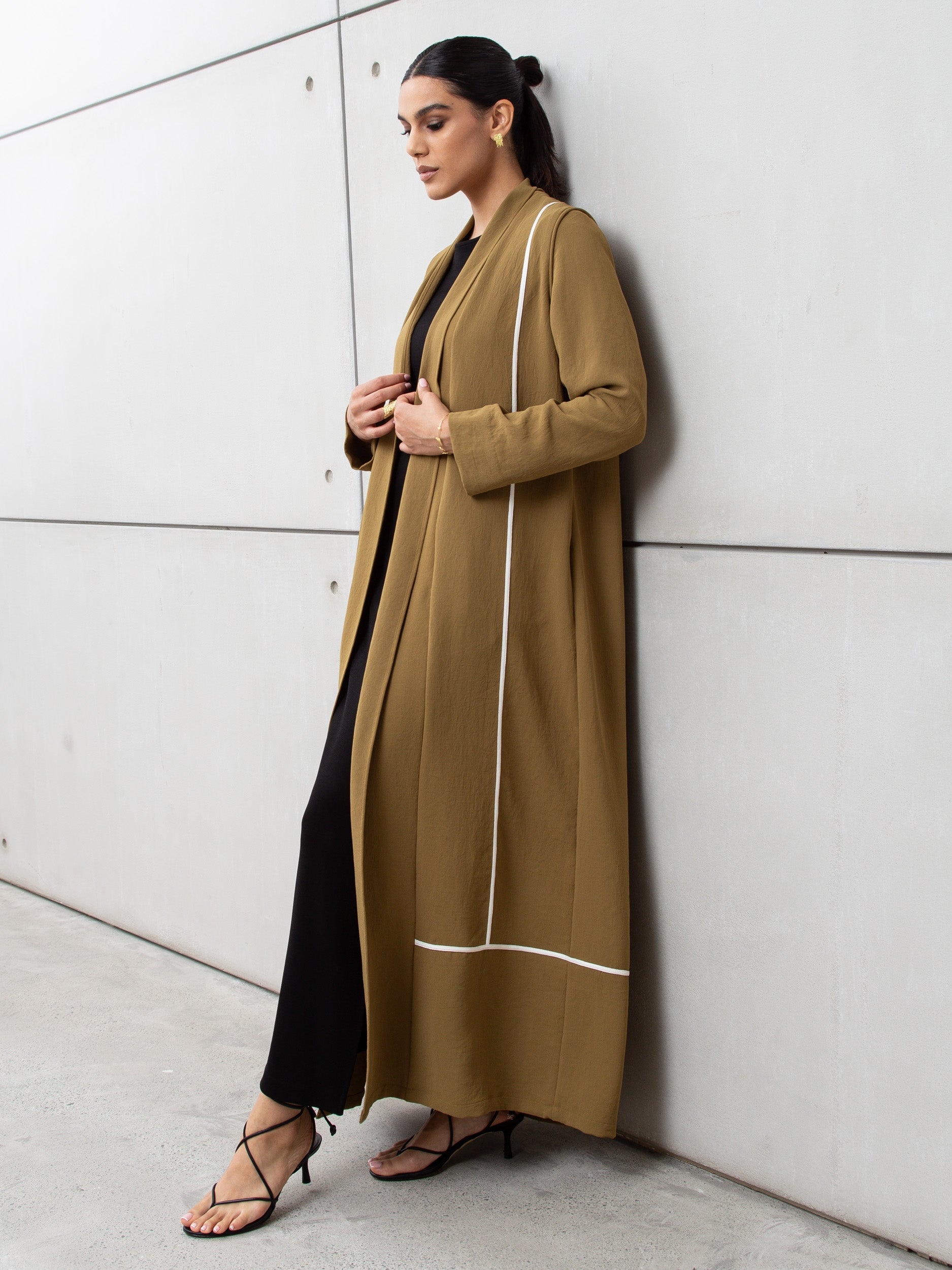 Olive Green Utility Abaya with Ivory Detailing RTW