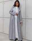 ABAYA IN SILVER WITH ORGANZA DETAILING