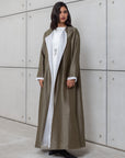 METALLIC ABAYA IN OLIVE GREEN WITH ORGANZA DETAILING