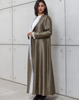 METALLIC ABAYA IN OLIVE GREEN WITH ORGANZA DETAILING