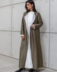 METALLIC ABAYA IN OLIVE GREEN WITH ORGANZA DETAILING