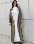 METALLIC ABAYA IN OLIVE GREEN WITH ORGANZA DETAILING