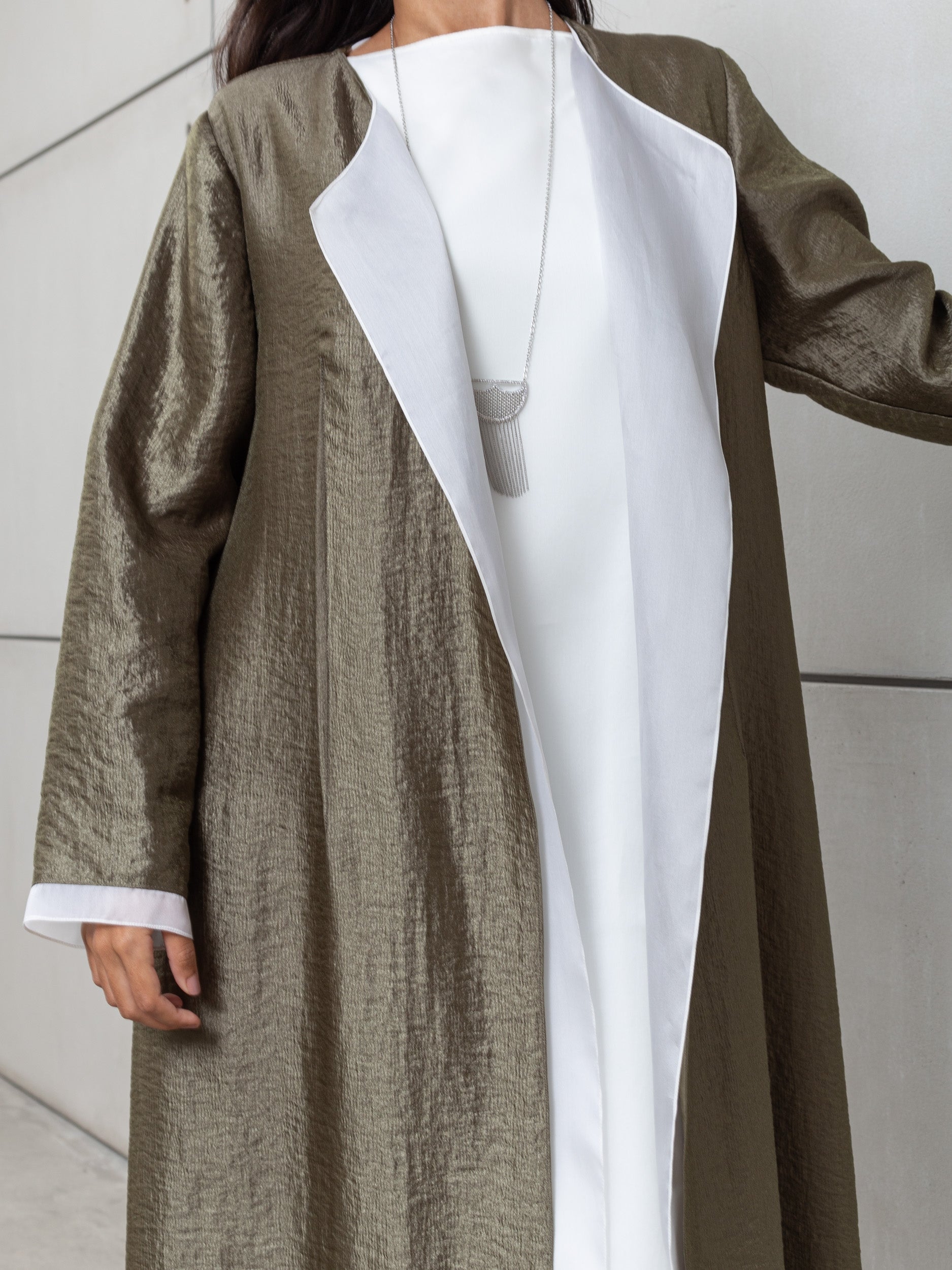 METALLIC ABAYA IN OLIVE GREEN WITH ORGANZA DETAILING