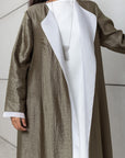 METALLIC ABAYA IN OLIVE GREEN WITH ORGANZA DETAILING