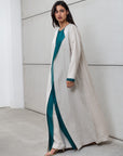 LINEN ABAYA AND UNDER DRESS IN OATMEAL WITH  TURQUOISE DETAILING