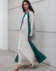 LINEN ABAYA AND UNDER DRESS IN OATMEAL WITH  TURQUOISE DETAILING