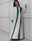 LINEN ABAYA AND UNDER DRESS IN OATMEAL WITH  TURQUOISE DETAILING