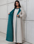 LINEN ABAYA AND UNDER DRESS IN OATMEAL WITH  TURQUOISE DETAILING