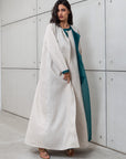 LINEN ABAYA AND UNDER DRESS IN OATMEAL WITH  TURQUOISE DETAILING