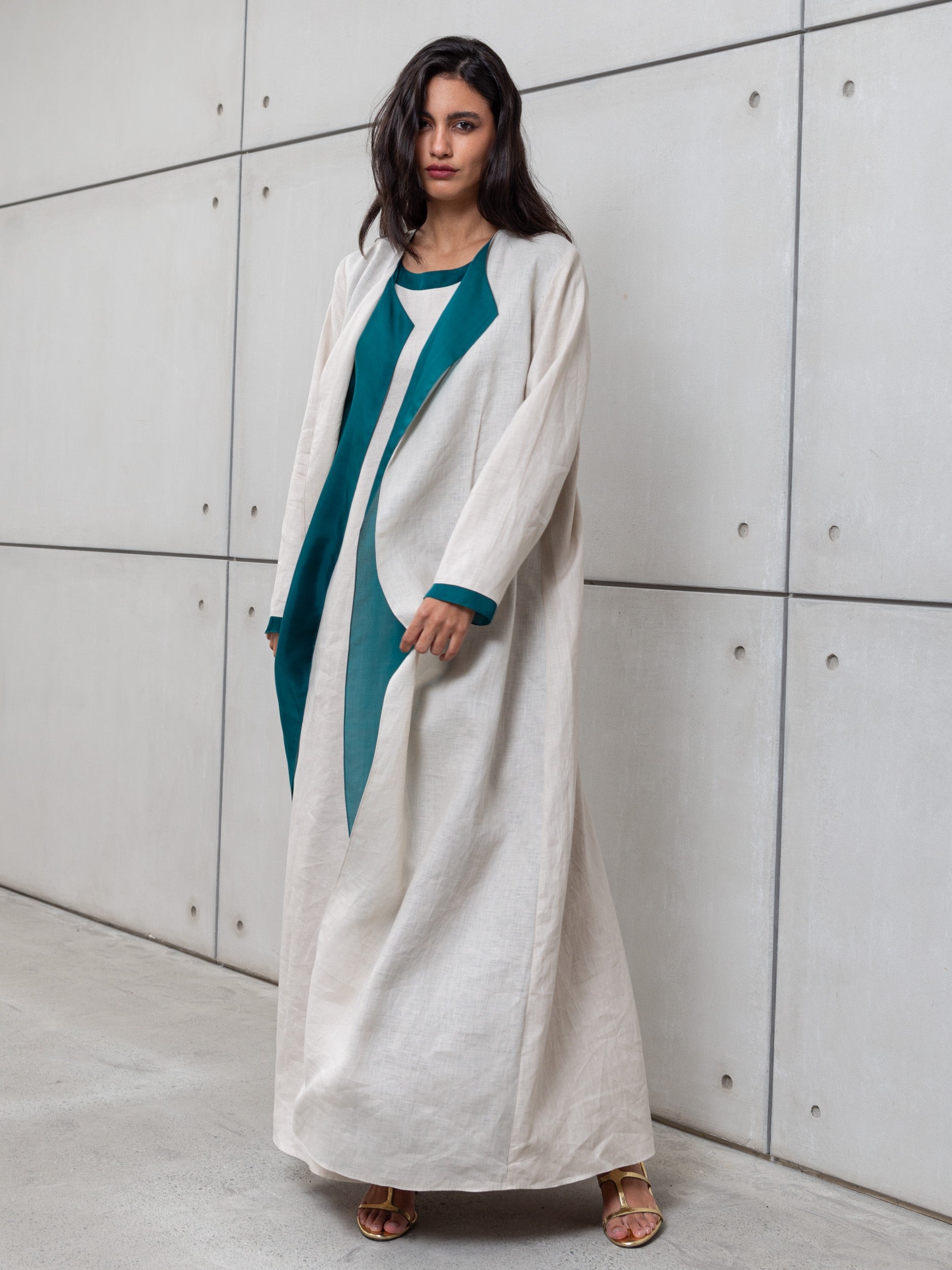 LINEN ABAYA AND UNDER DRESS IN OATMEAL WITH  TURQUOISE DETAILING