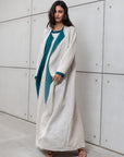 LINEN ABAYA AND UNDER DRESS IN OATMEAL WITH  TURQUOISE DETAILING