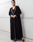 Black Pinstripe Abaya with Gold and Silver Detailing RTW