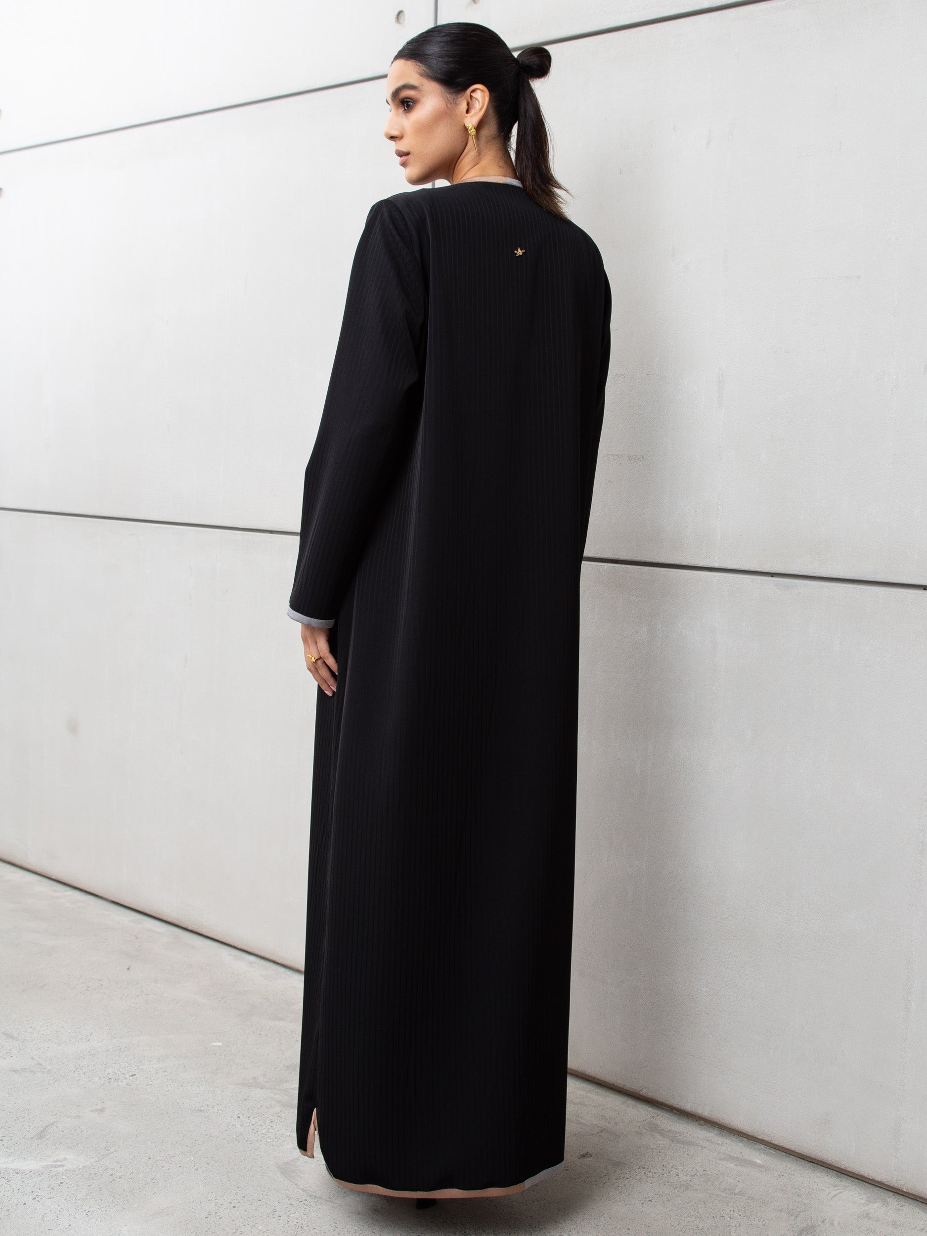 Black Pinstripe Abaya with Gold and Silver Detailing RTW