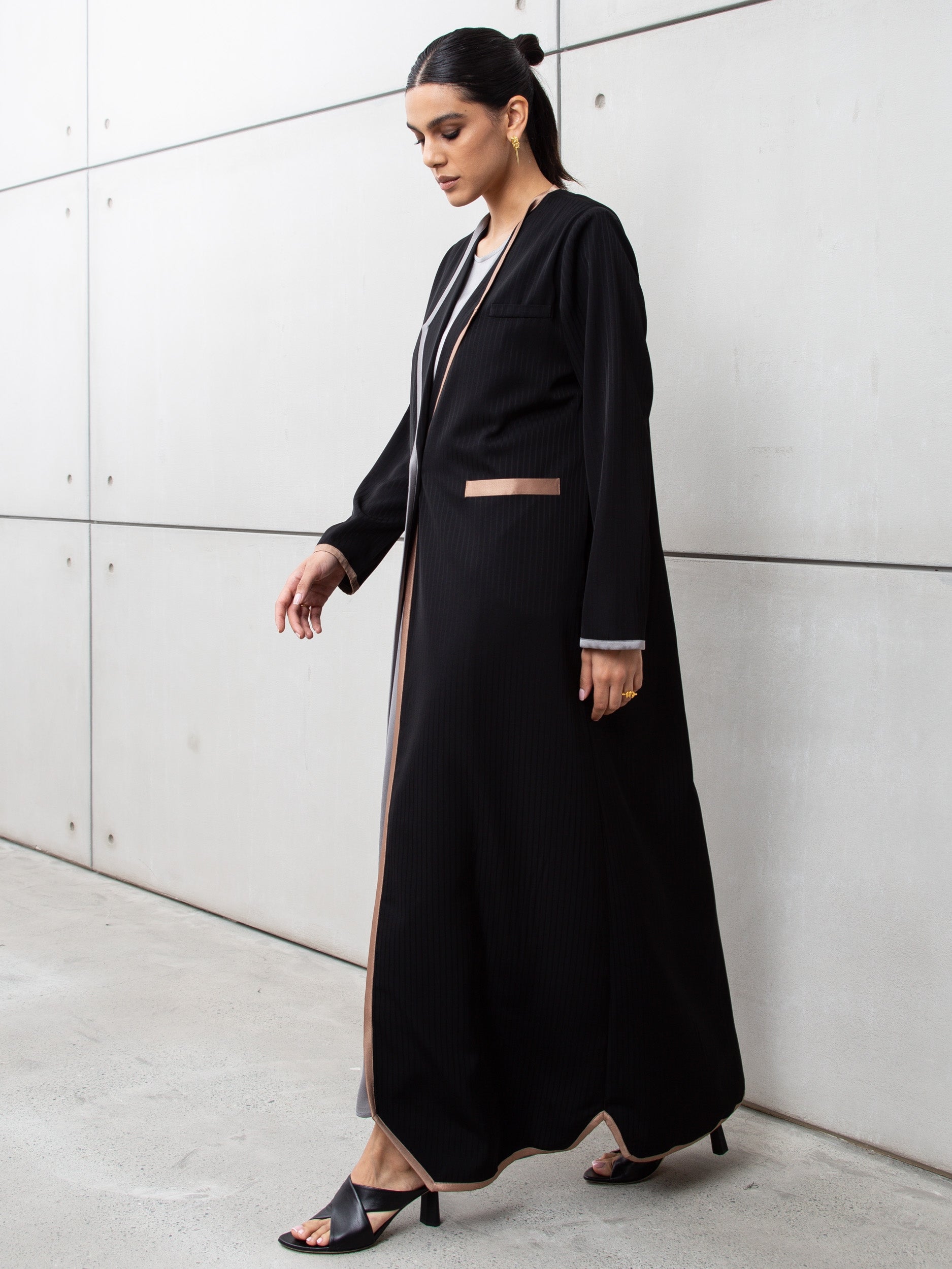 Black Pinstripe Abaya with Gold and Silver Detailing RTW