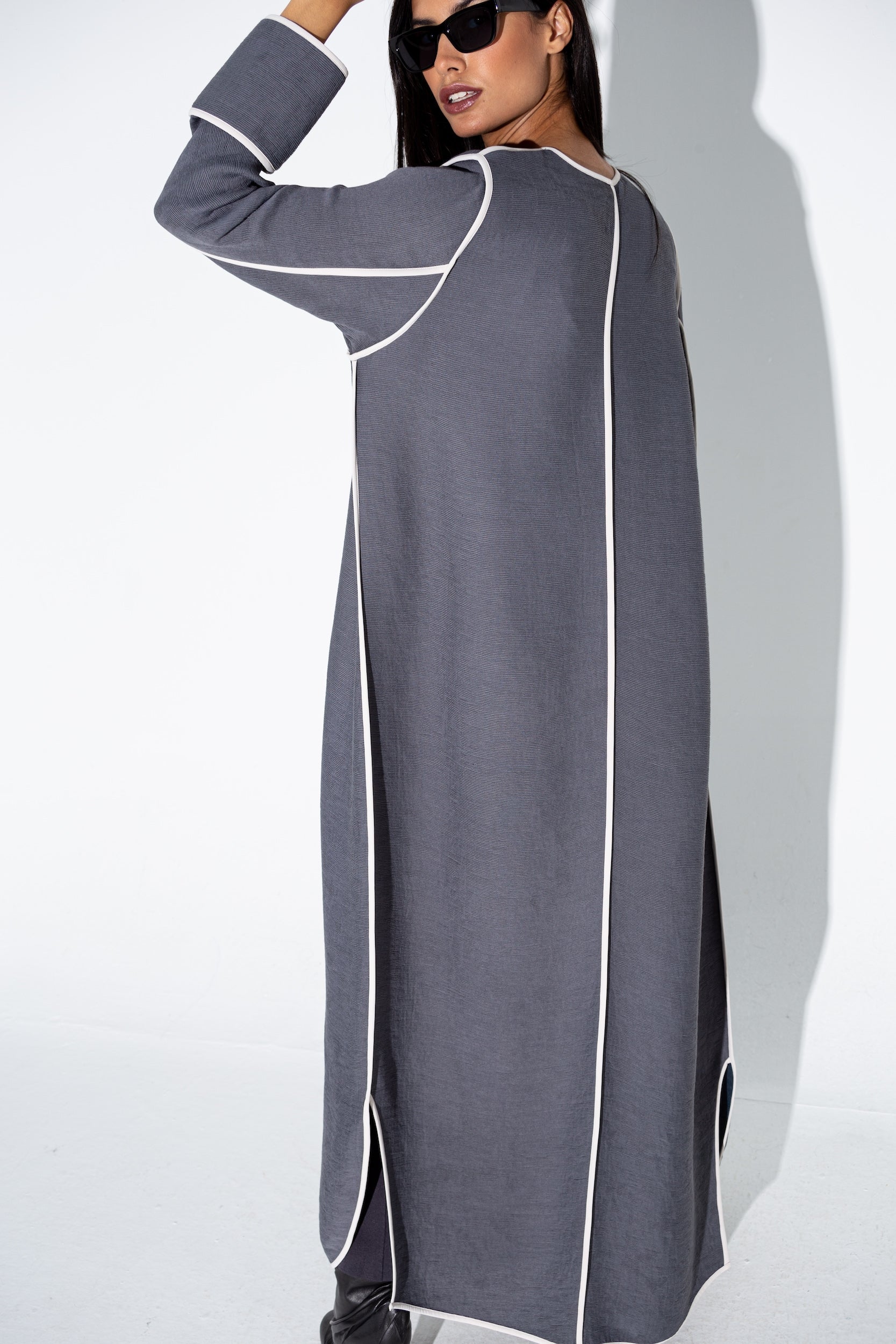 Gray Ripple Abaya with Ivory Detailing RTW