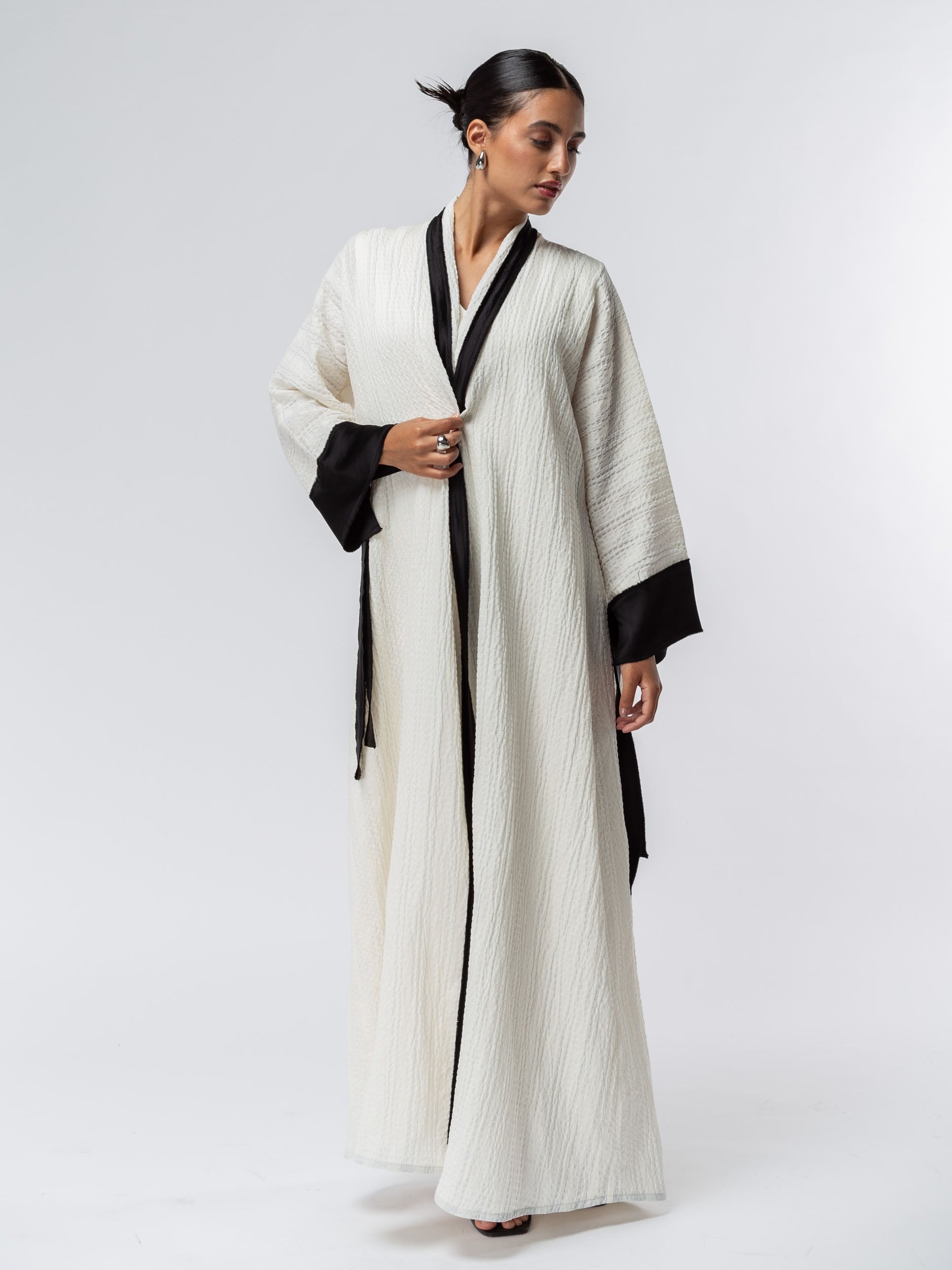 Structured Abaya in Ivory with Black Details  RTW