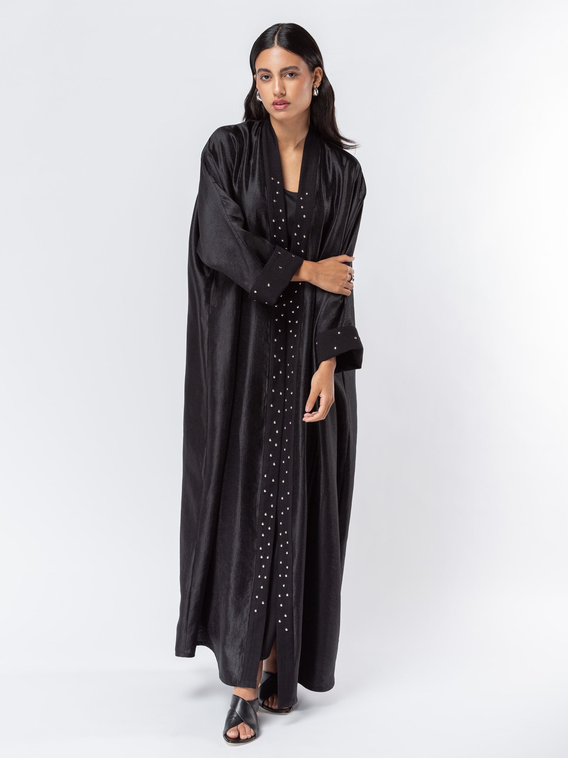 Black Metallic Abaya with Silver Studs