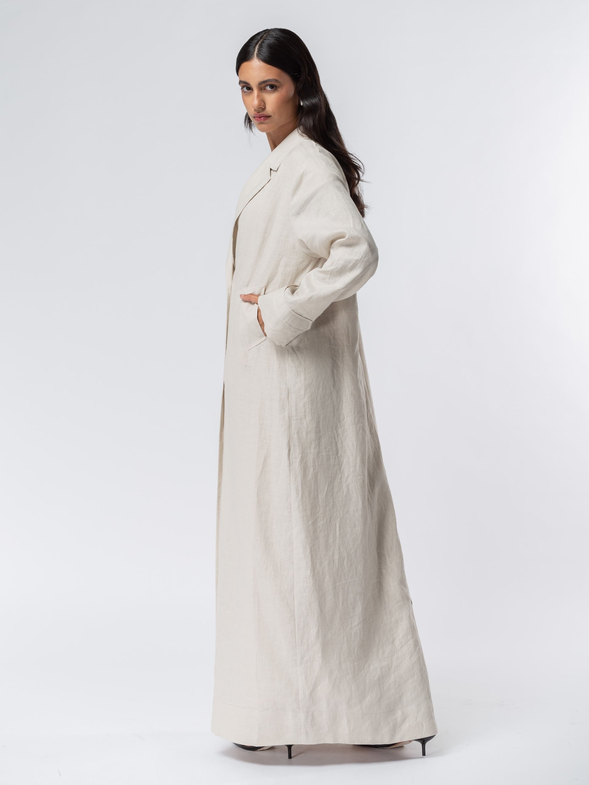 Trench Abaya in Beige Linen