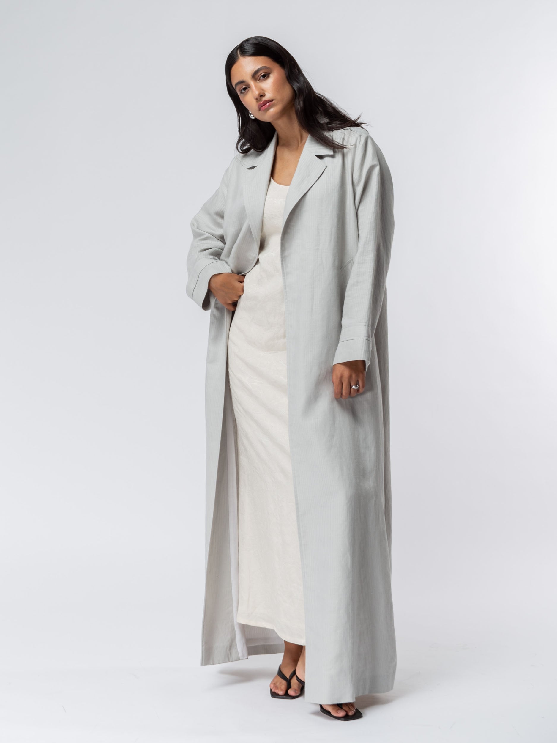 Trench Abaya in Light Grey Linen