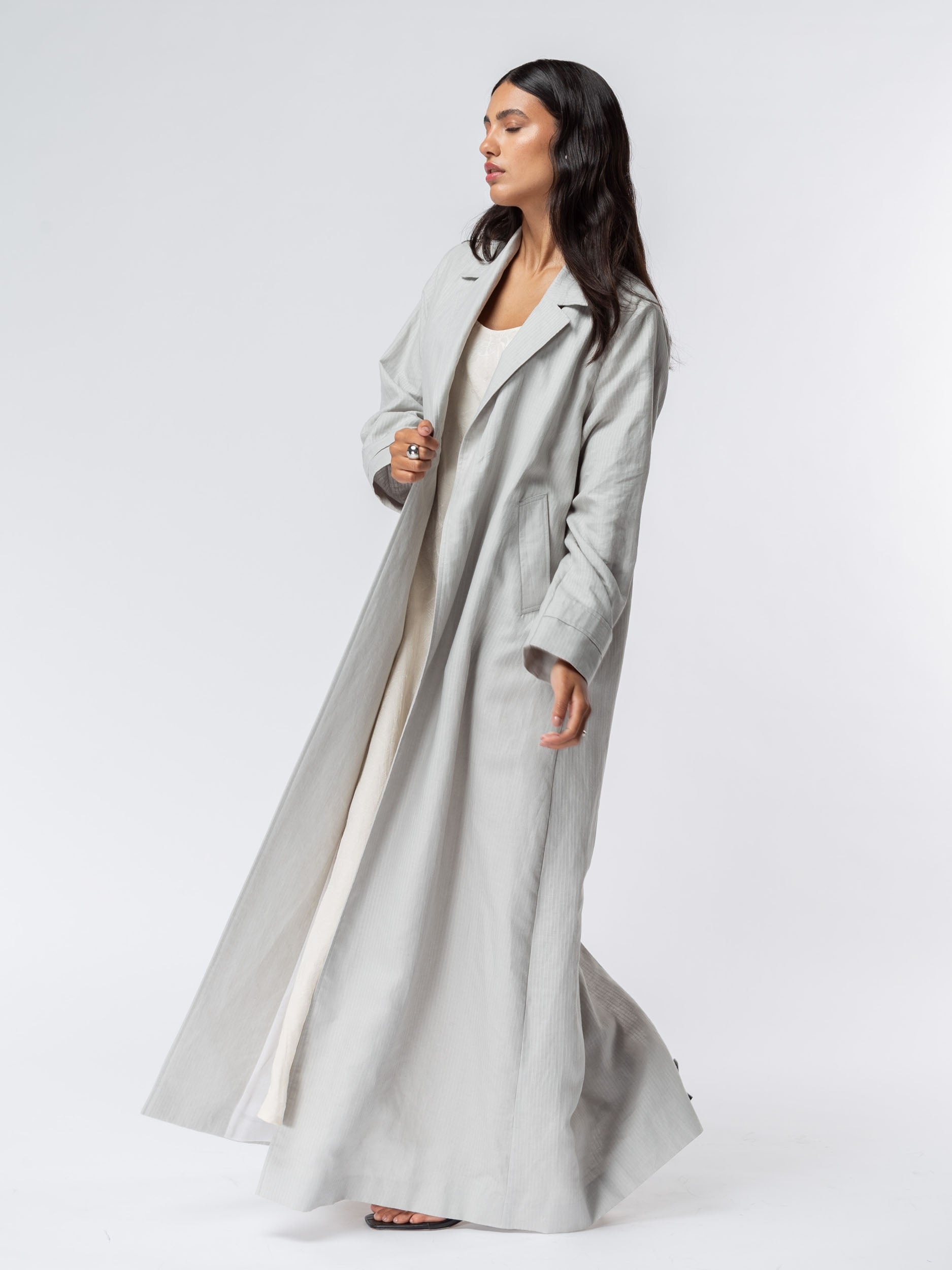 Trench Abaya in Light Grey Linen