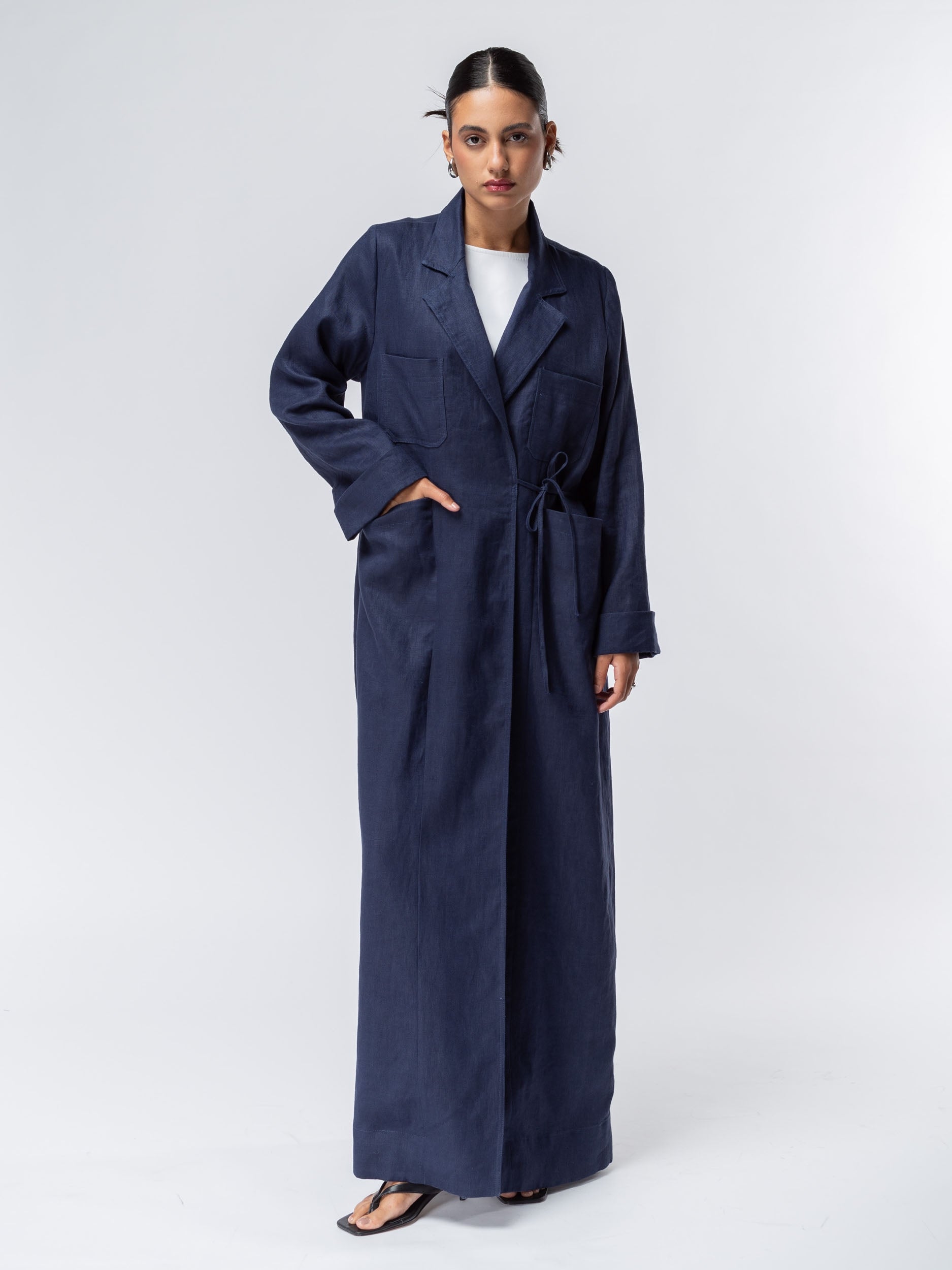 Suit Pocket Abaya in Navy Blue Linen