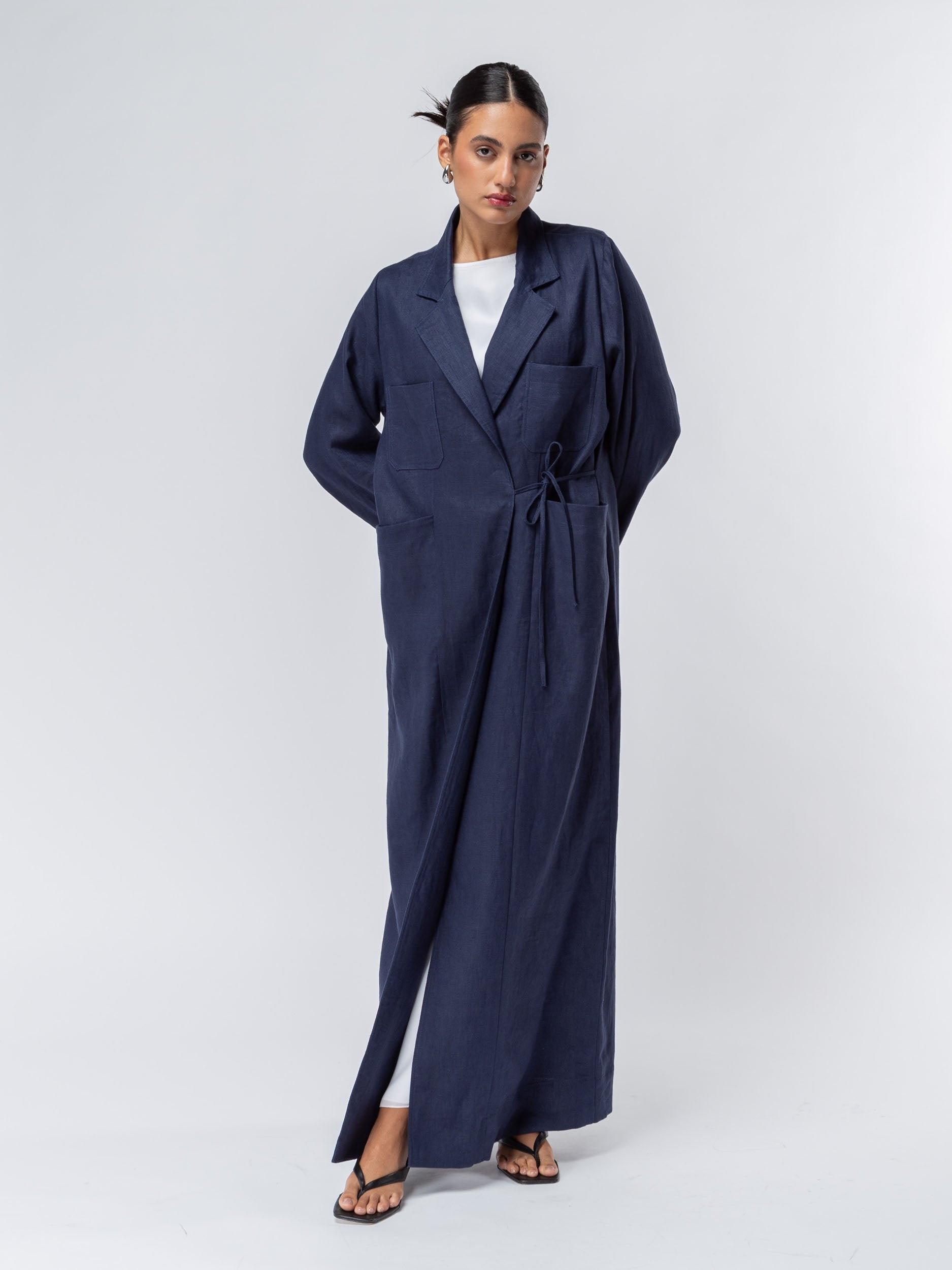 Suit Pocket Abaya in Navy Blue Linen