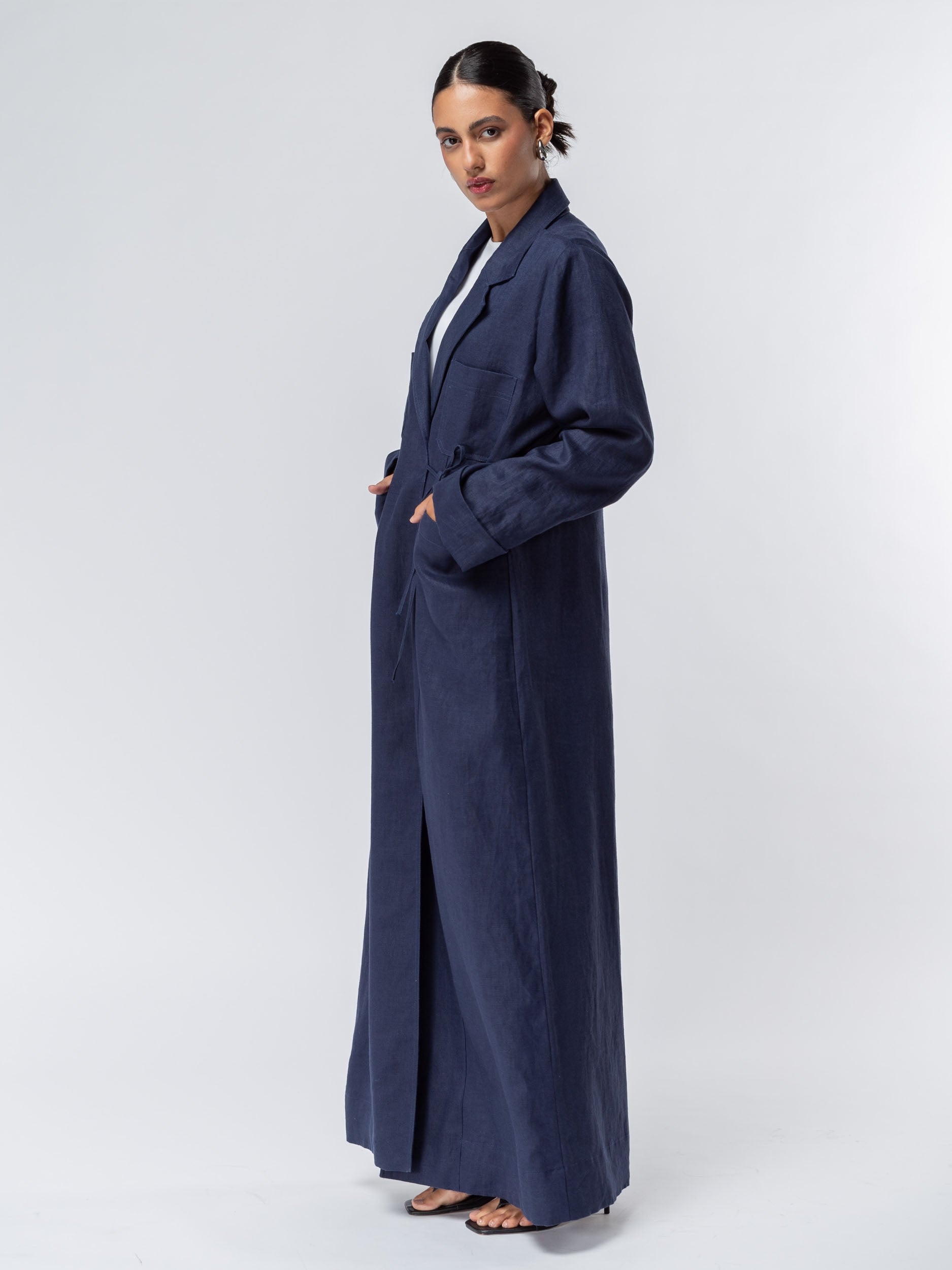 Suit Pocket Abaya in Navy Blue Linen