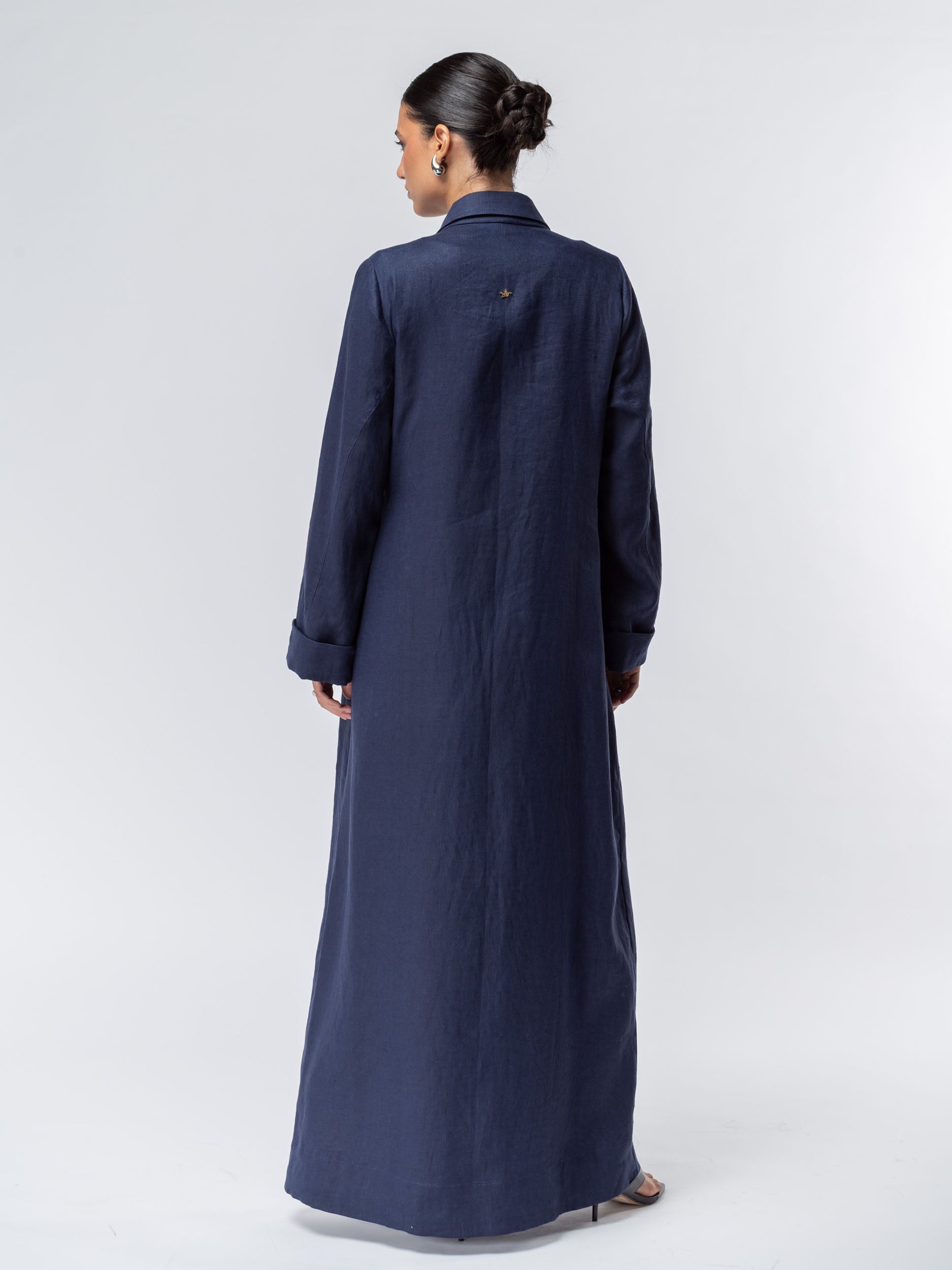 Suit Pocket Abaya in Navy Blue Linen