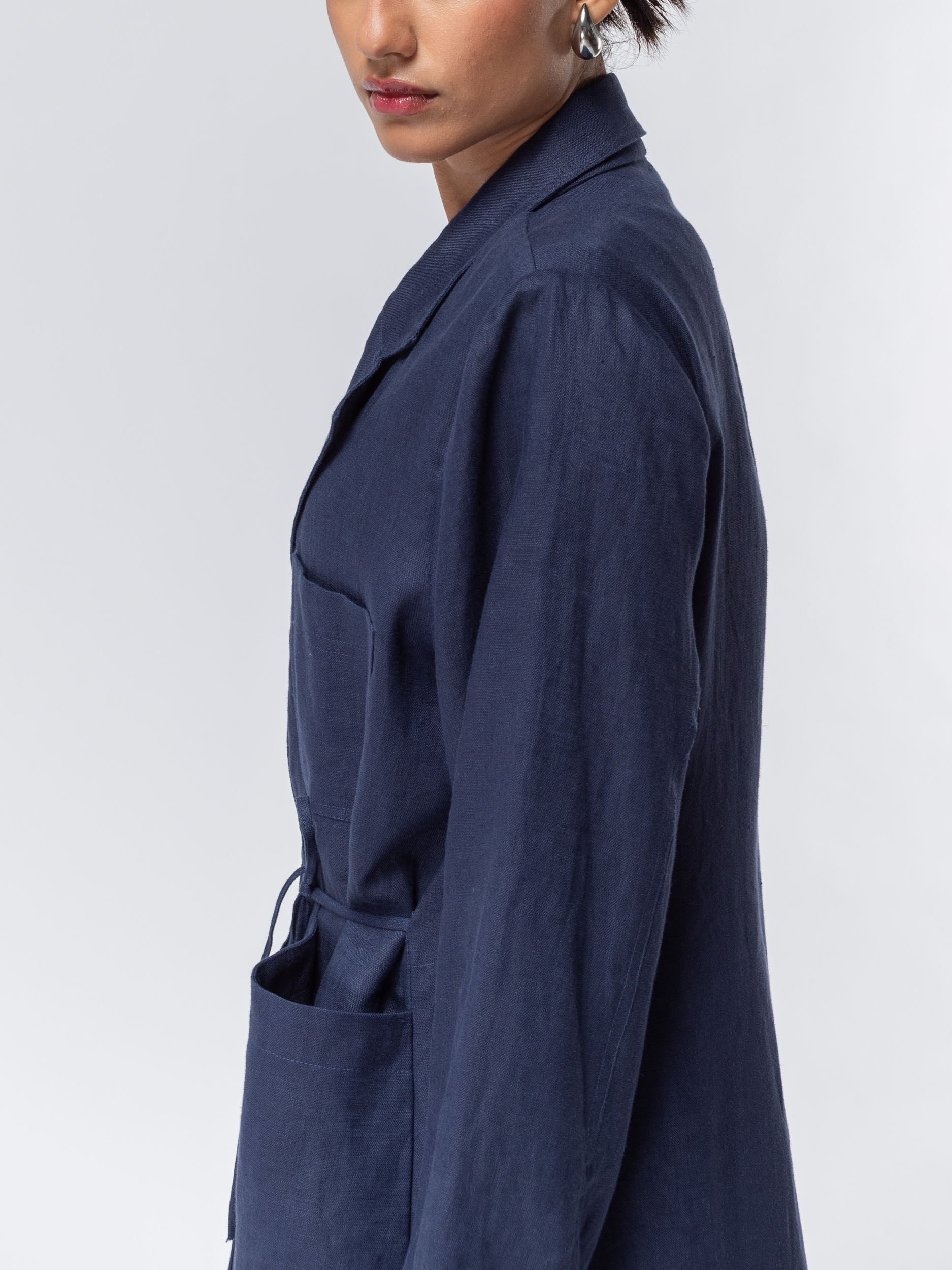 Suit Pocket Abaya in Navy Blue Linen