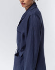 Suit Pocket Abaya in Navy Blue Linen