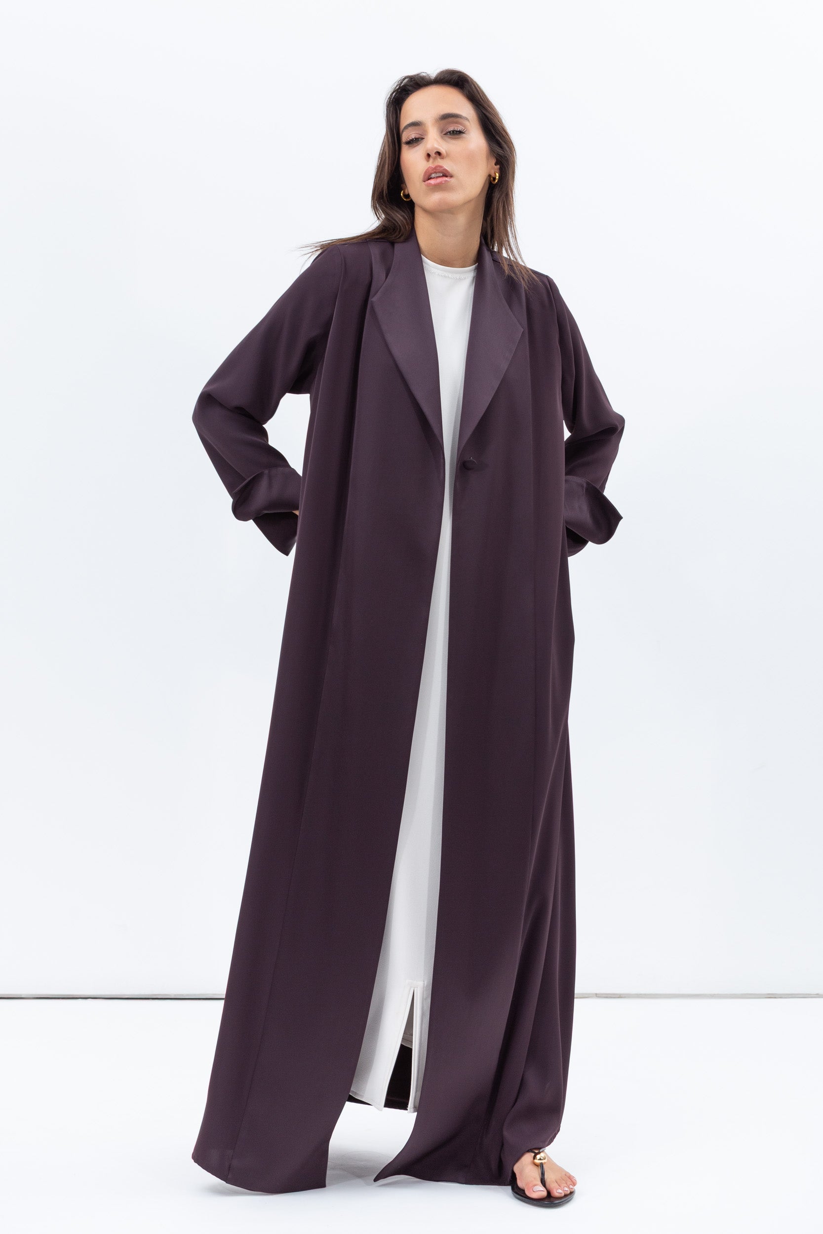 Straight Cut Abaya in Dark Plum with Satin Lapel