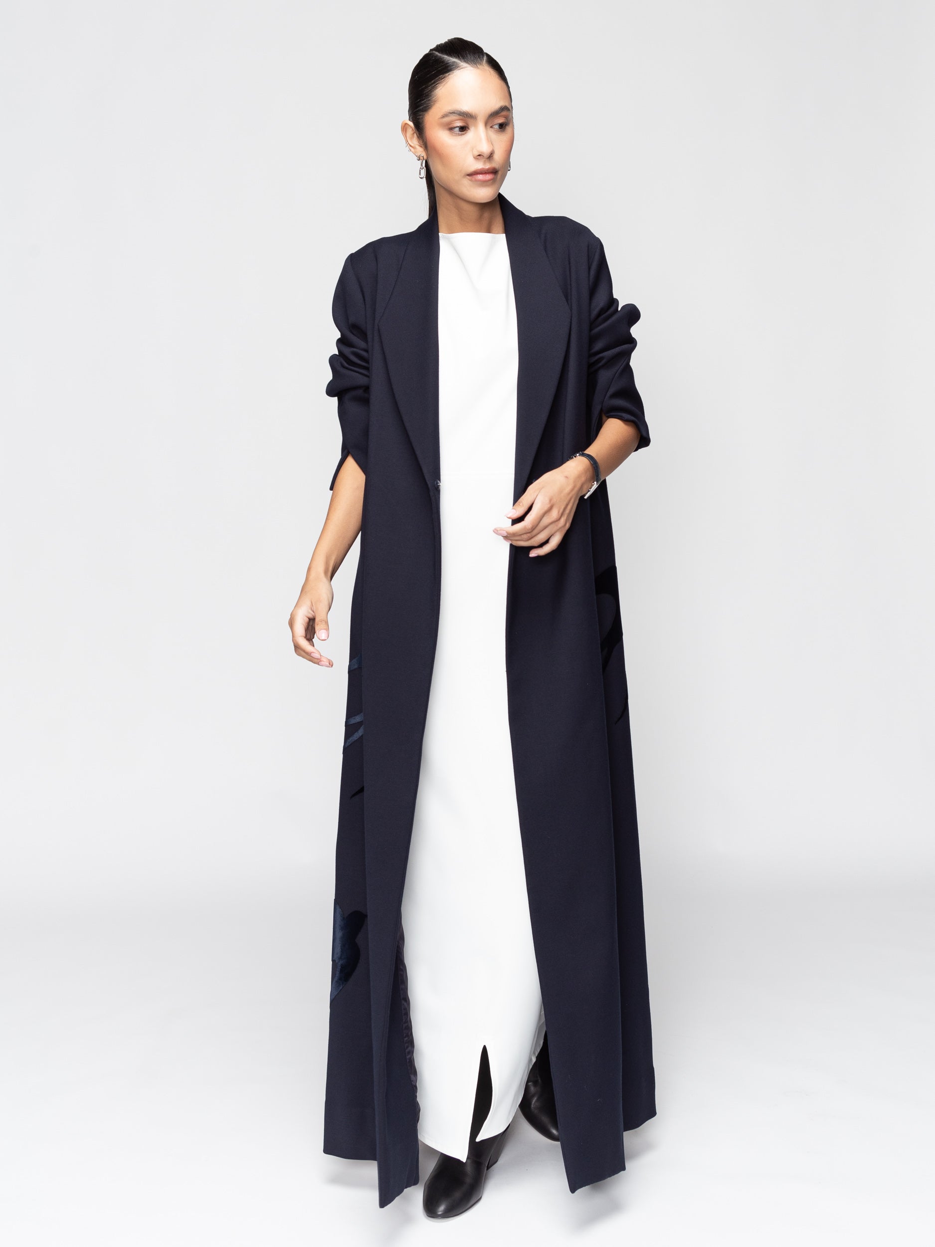 Winter Abaya in Navy with Velvet Birds in Flight