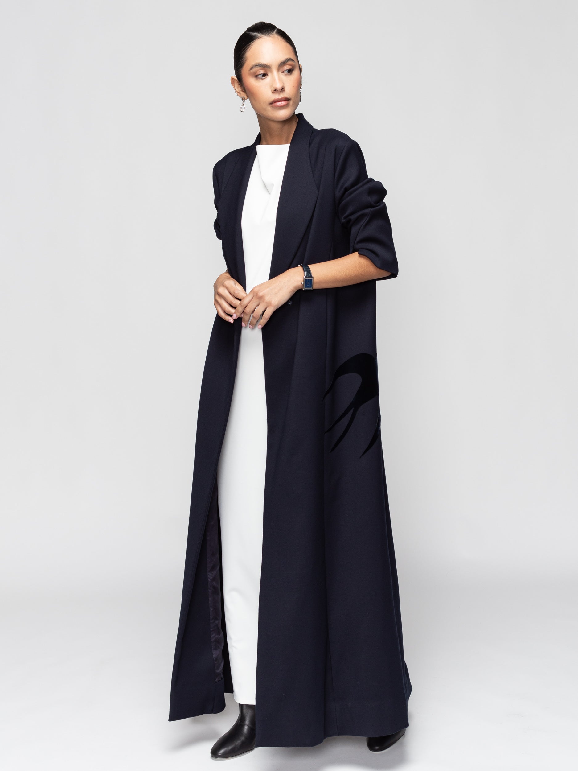 Winter Abaya in Navy with Velvet Birds in Flight