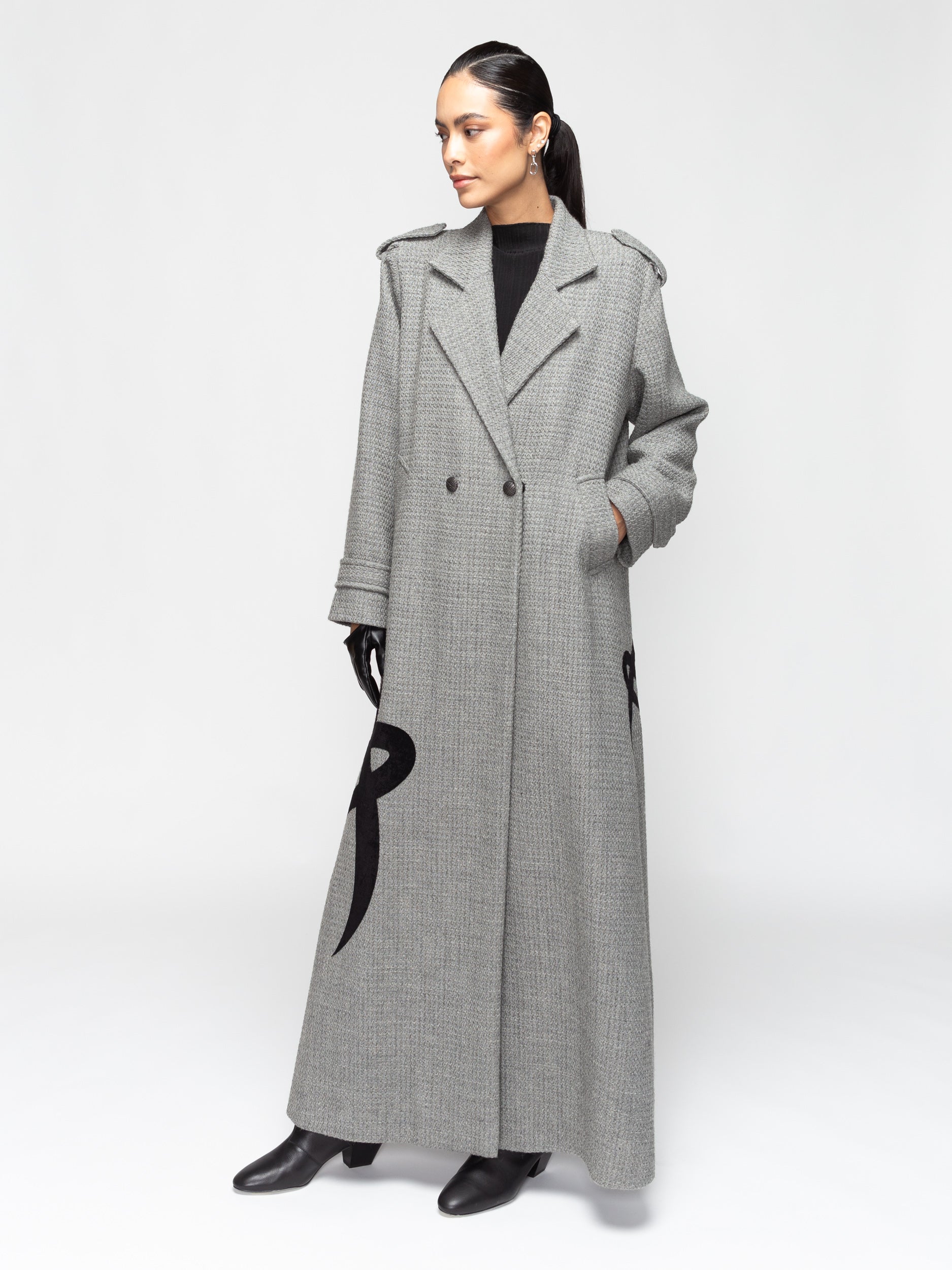 Winter Trench in Grey with Velvet Applique