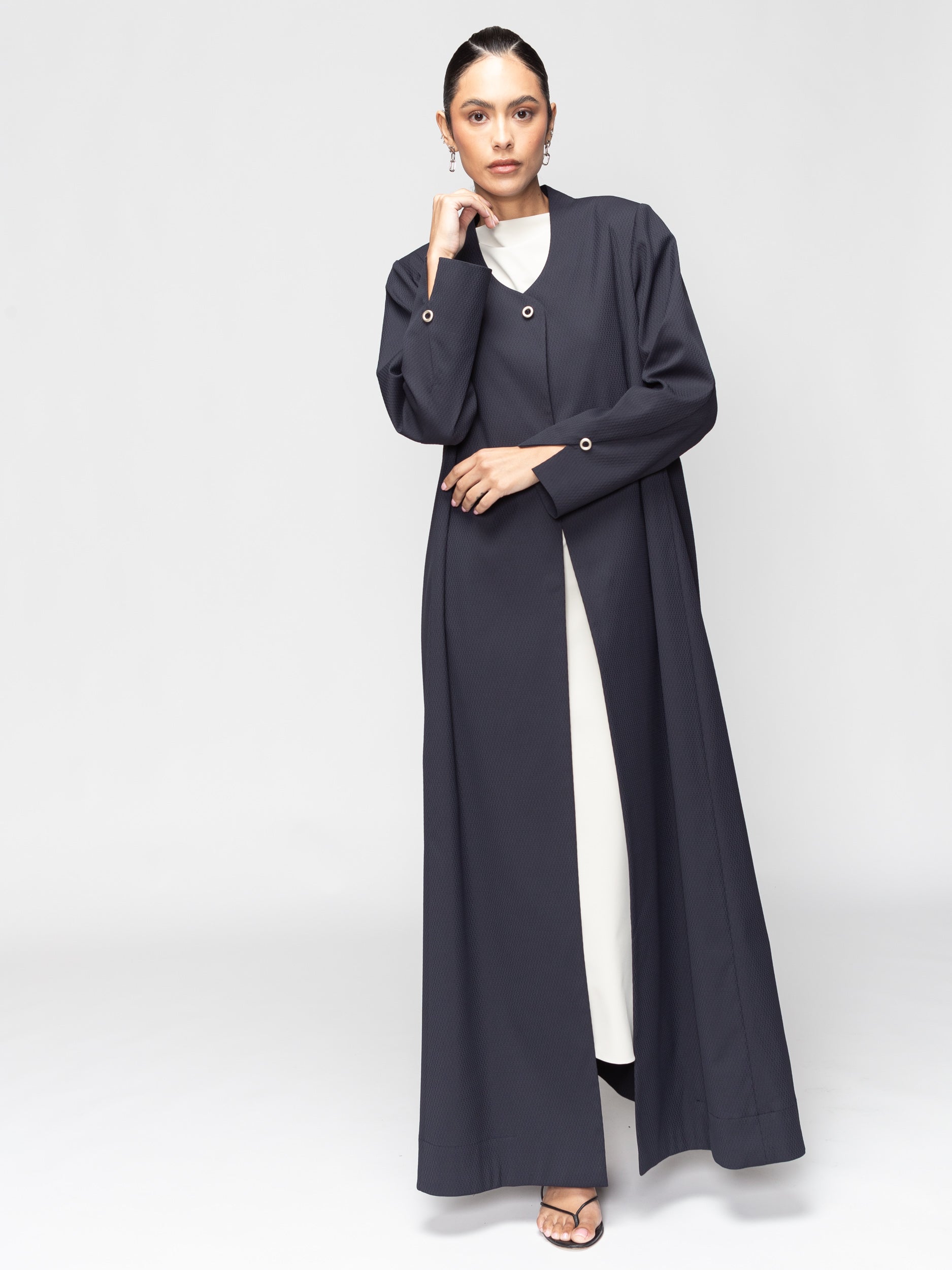 Structured Blue Gray Abaya with Decorative Button