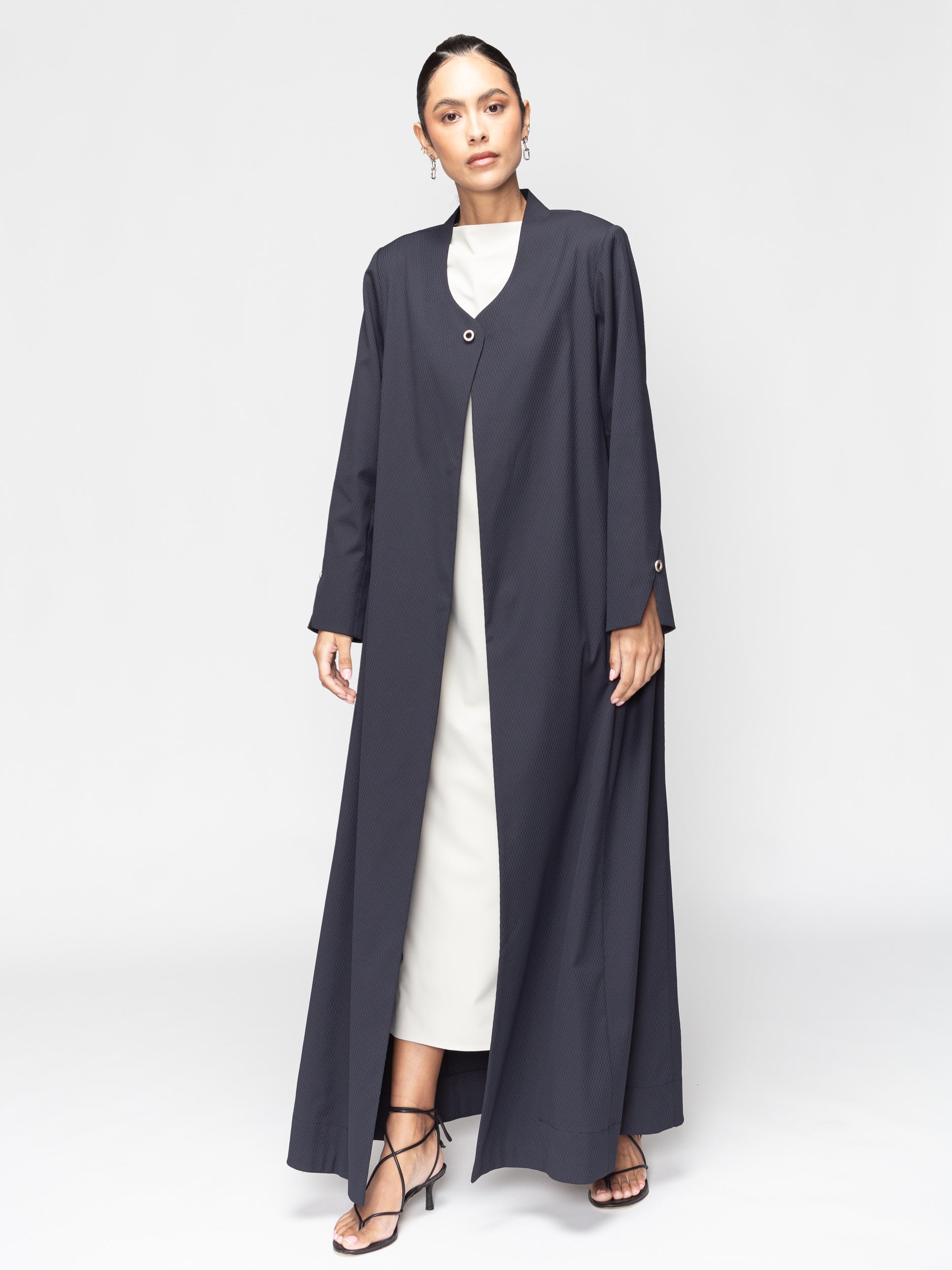 Structured Blue Gray Abaya with Decorative Button