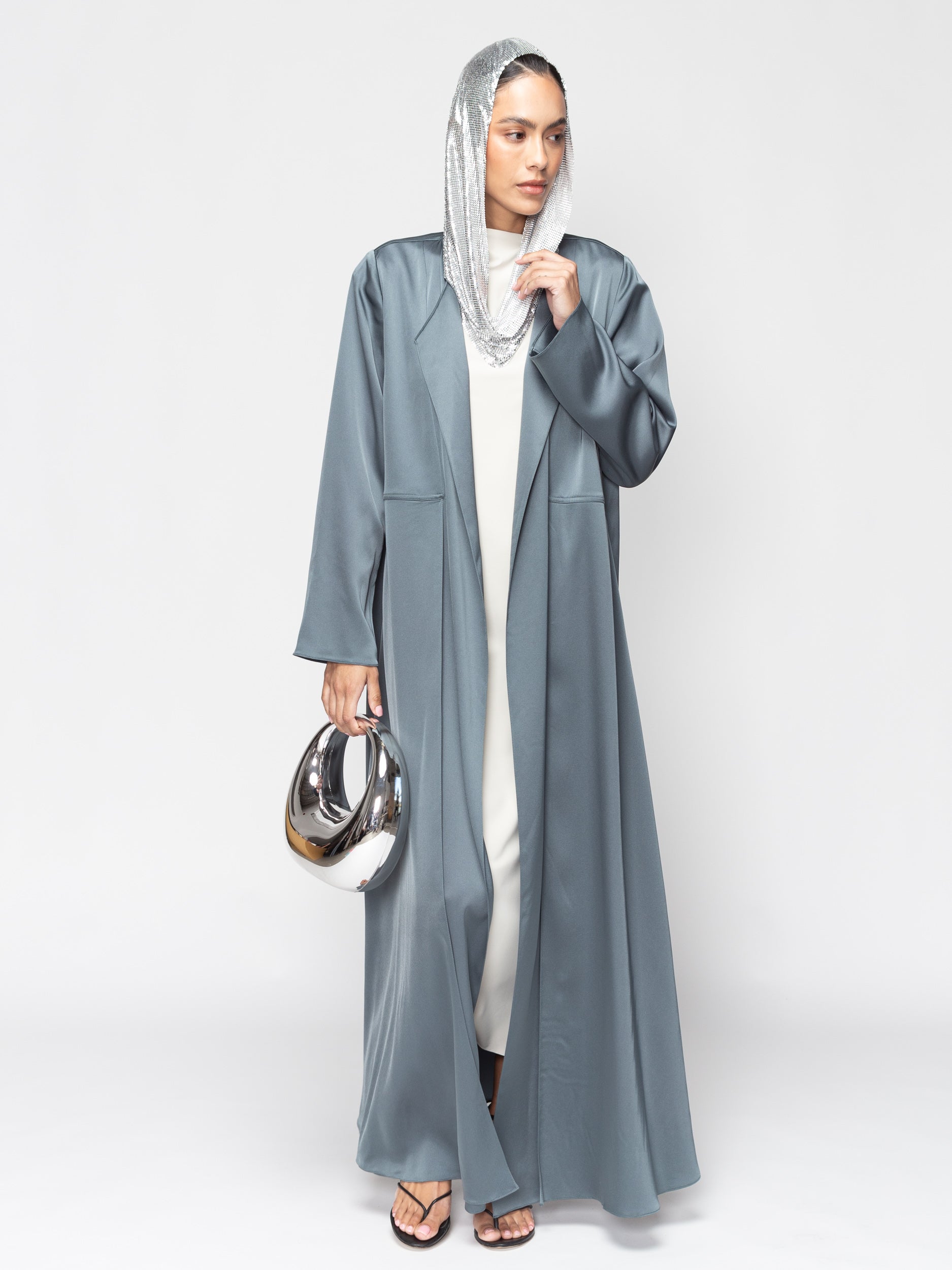 Satin Layer Abaya in Gray