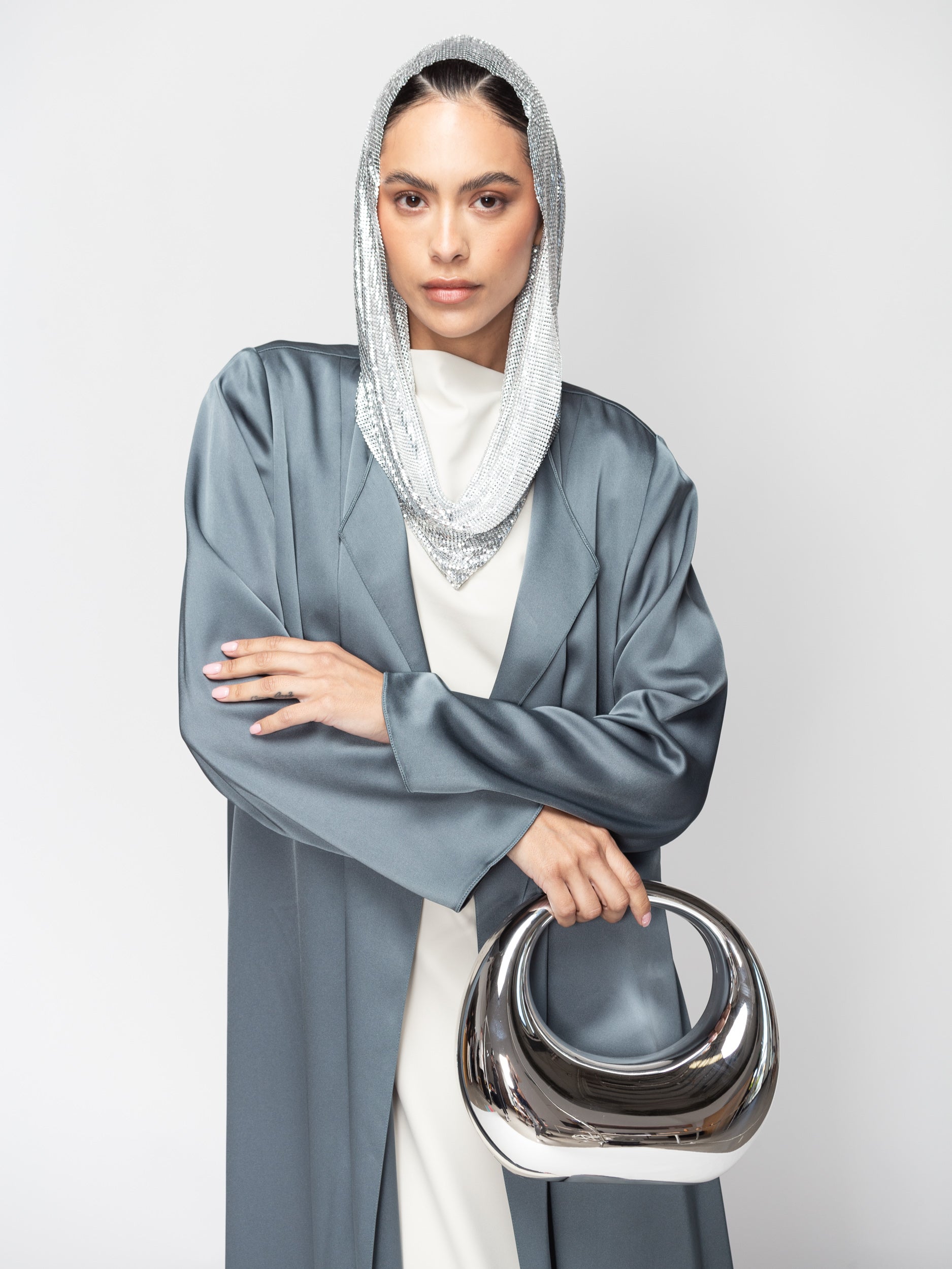 Satin Layer Abaya in Gray