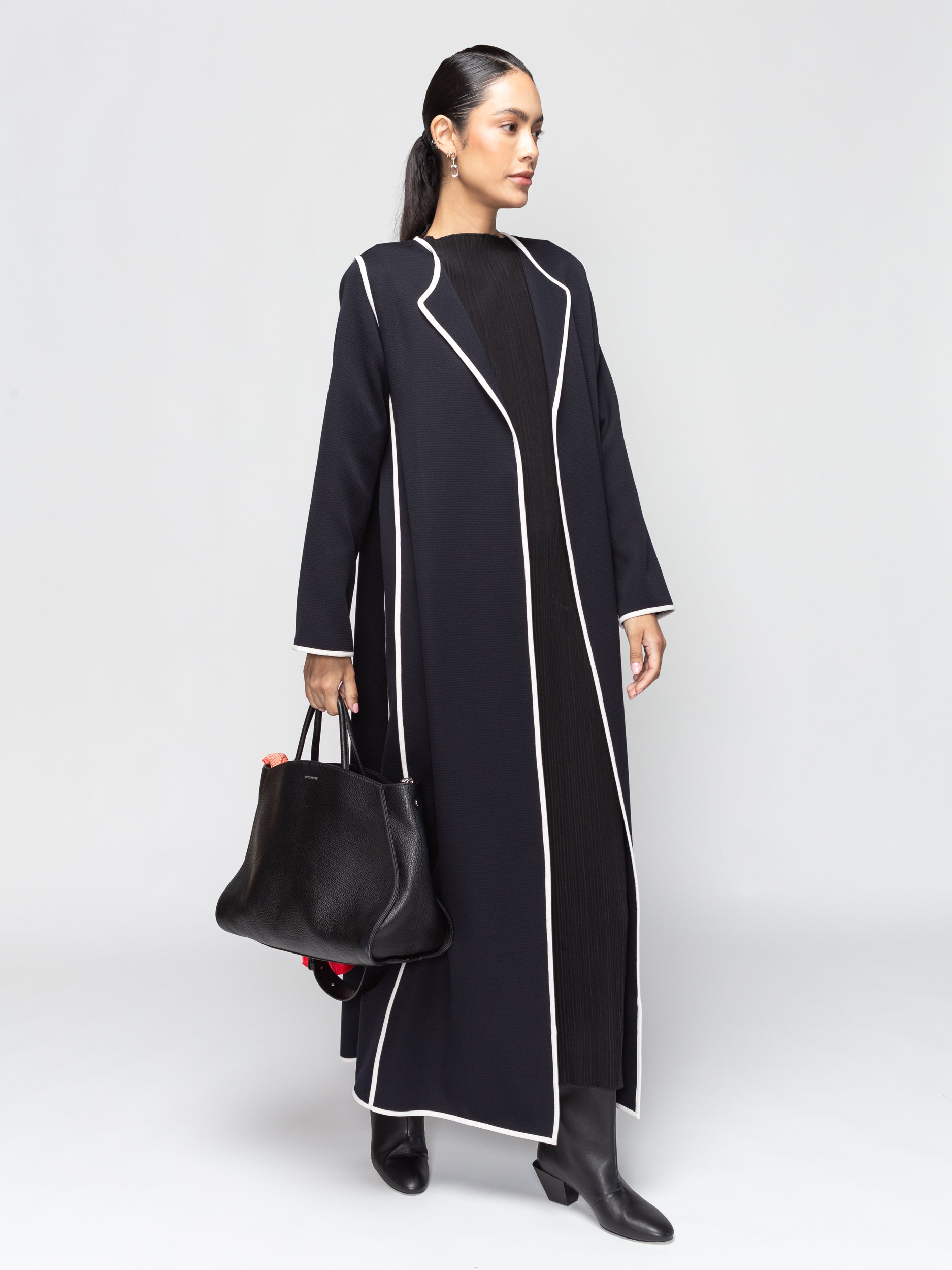 Structured Abaya in Black with White Details