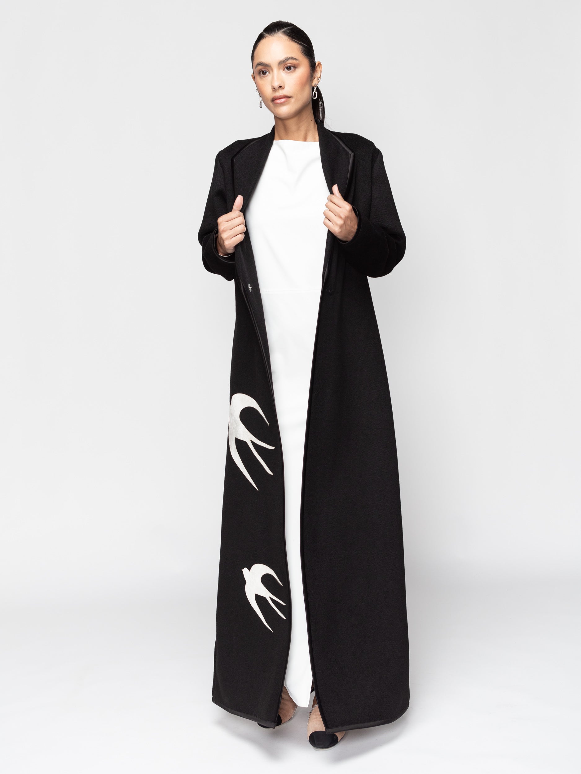 Winter Abaya in Black with Ivory Velvet Birds