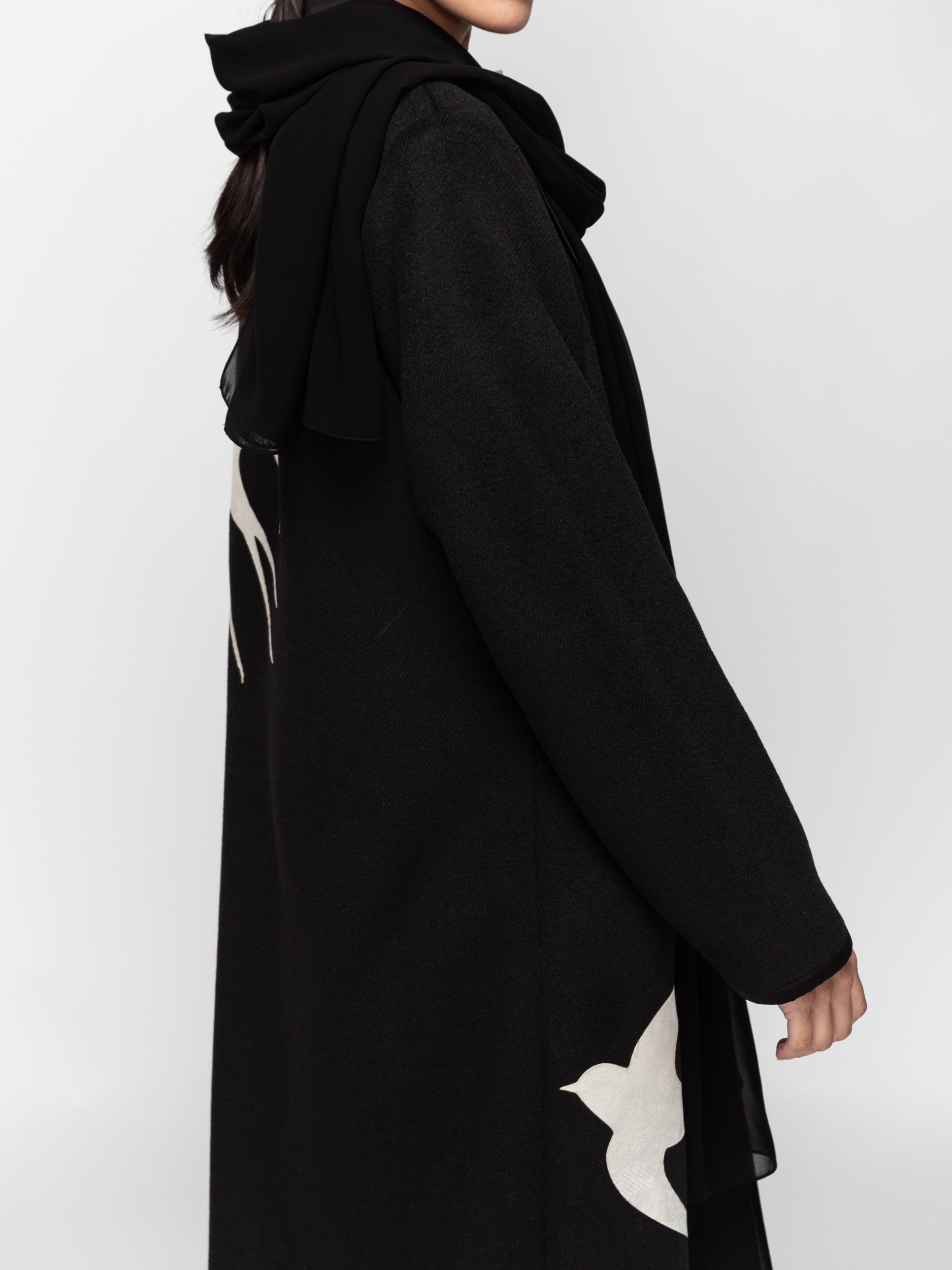 Winter Abaya in Black with Ivory Velvet Birds