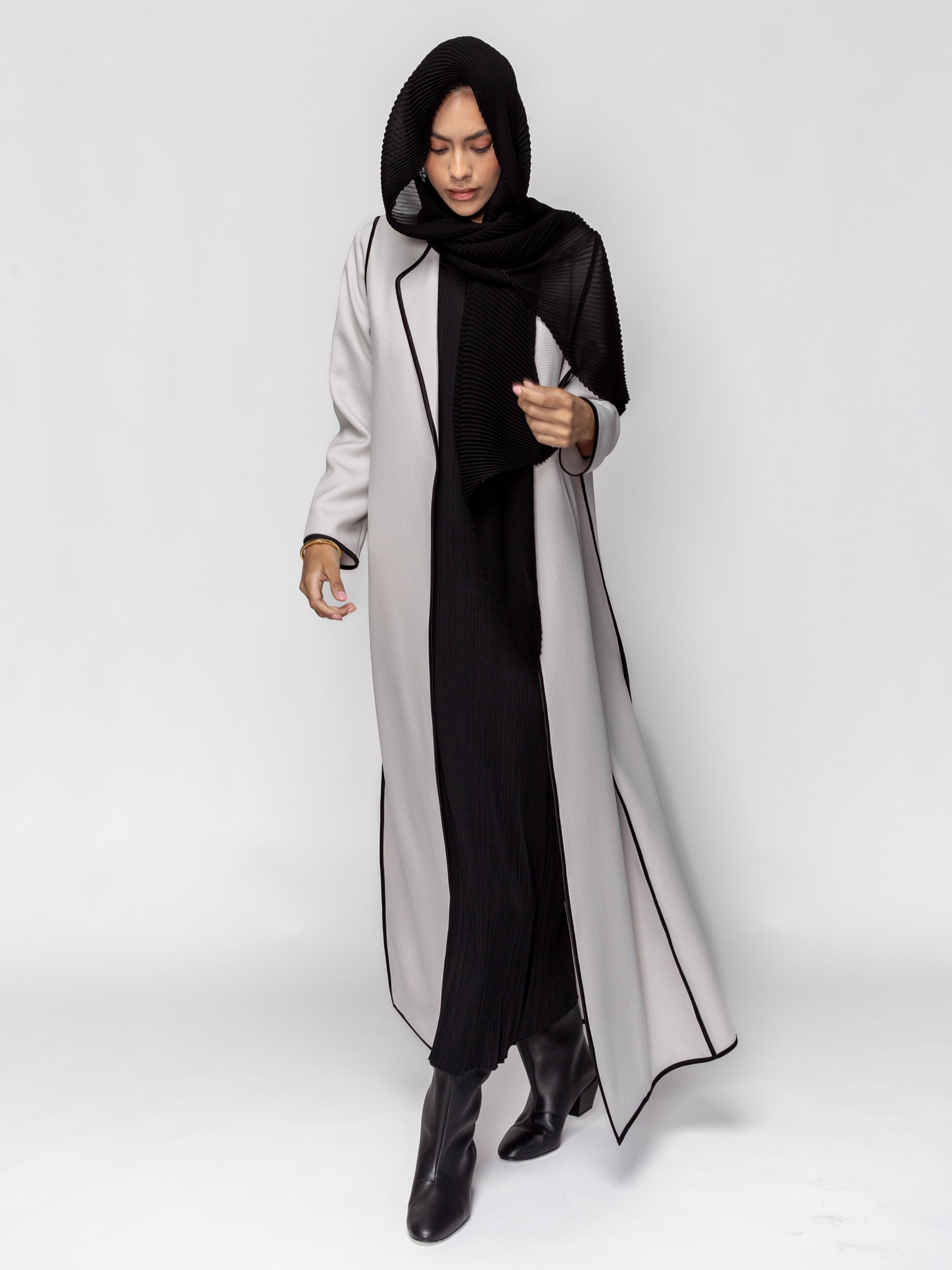 Structured Abaya in Ivory with Black Details