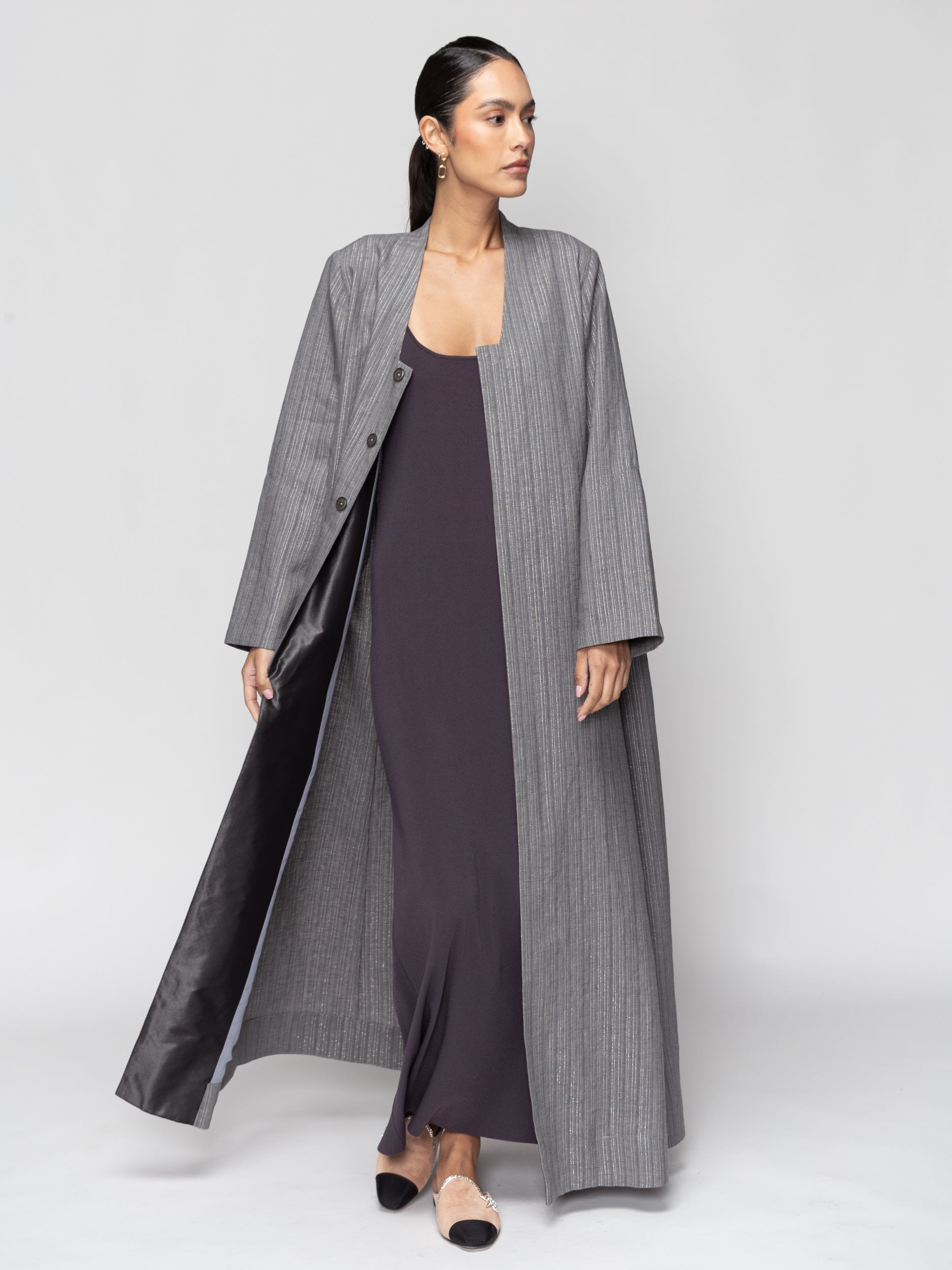 Linen Abaya in Metallic Gray RTW