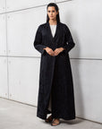 Double Button Palm Pattern Jacquard Abaya in Black