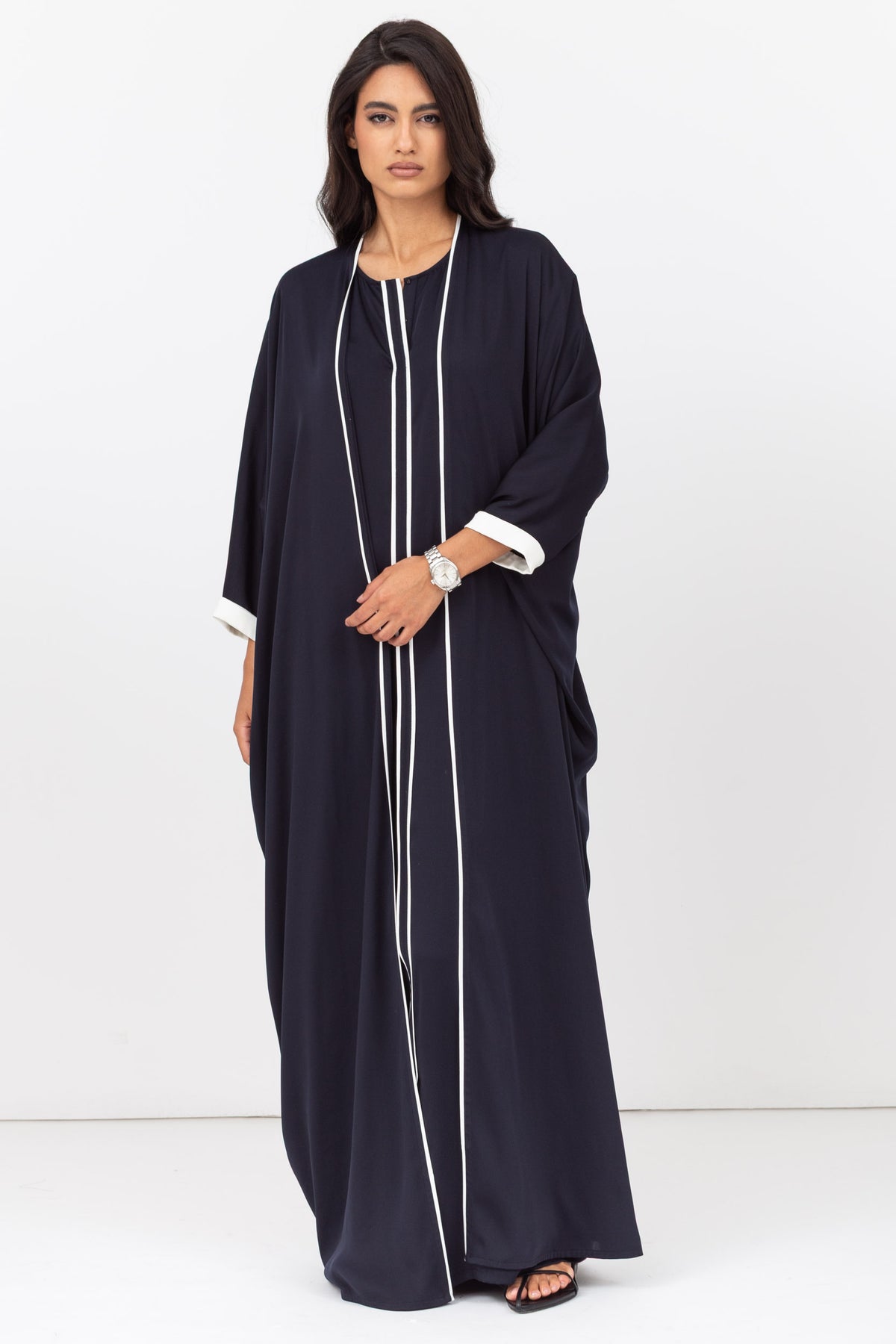 Butterfly Abaya in Navy Blue with Off White Details RTW